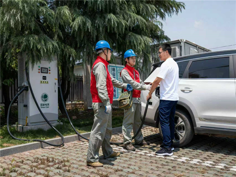 国网湖北电力员工在鄂州市峒山村社区乡村旅游点“光储充”充电站巡检设备，并协助前来游玩的旅客充电。涂思远摄