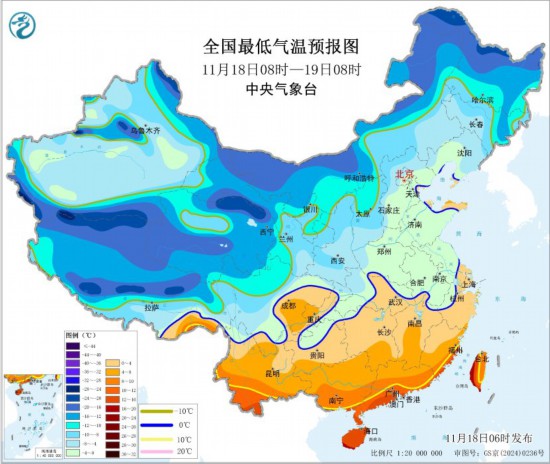 全国最低气温预报图(11月18日08时-19日08时)